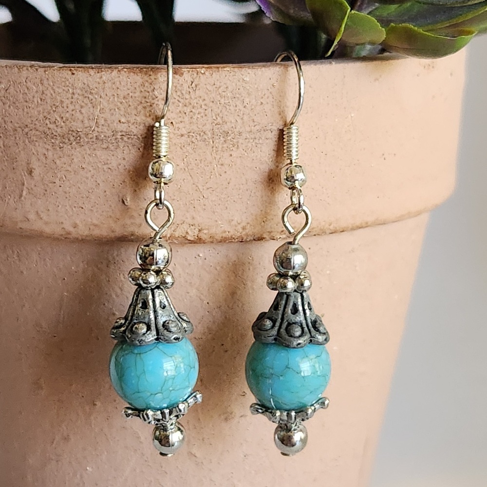 Turquoise Beaded Silver Tone Boho Southwestern Drop Dangle Earrings Women